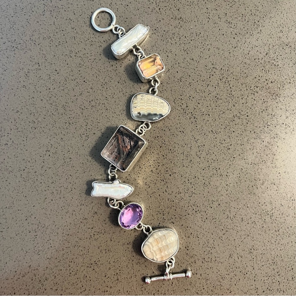 Echo of the Dreamer Sterling Silver Pearl Quarts Link Toggle Bracelet